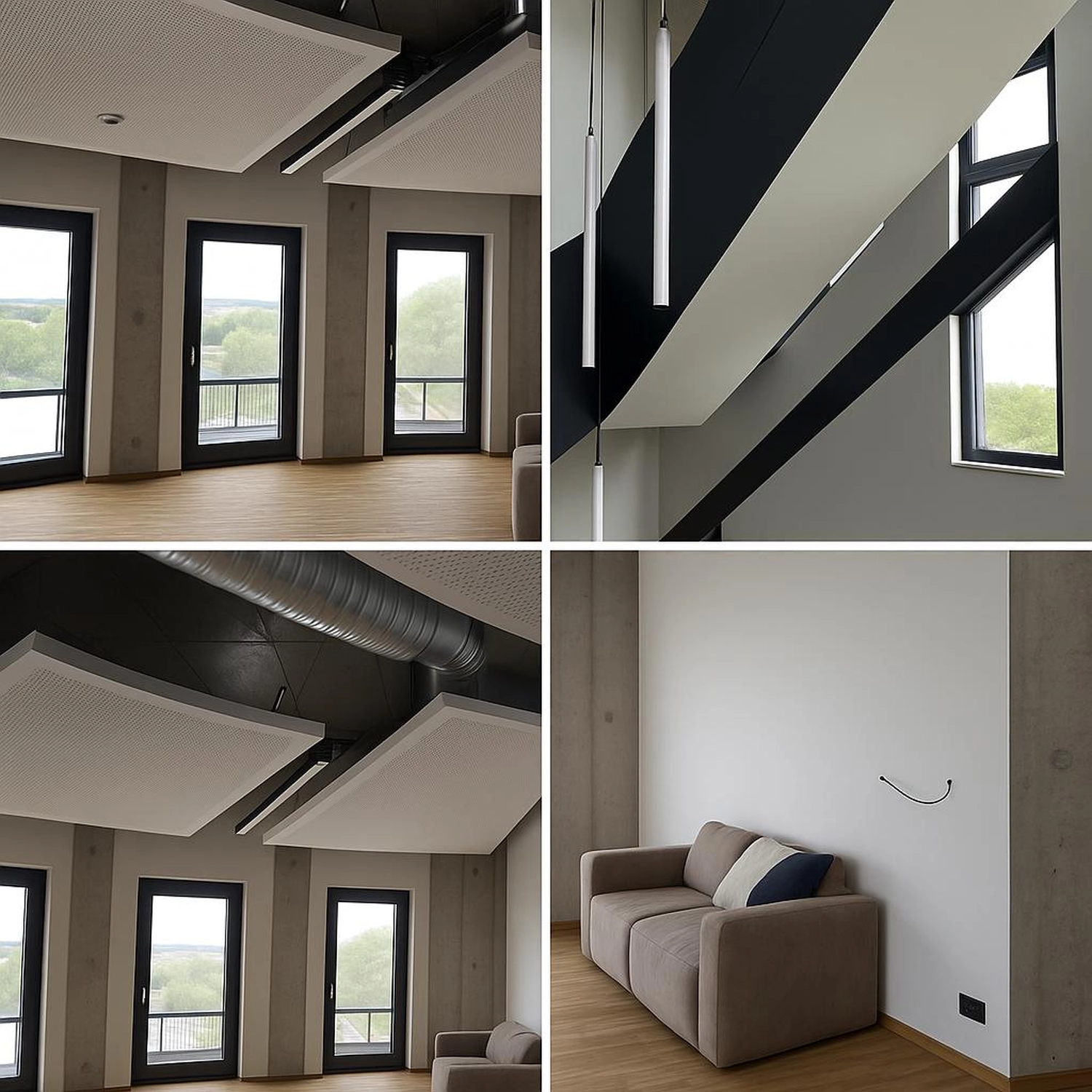 Karl Hansel Inh – Baudekoration – Modernes, minimalistisches Interieur mit großen Fenstern, Holzböden, Sichtbeton und schlichten Möbeln in einem hellen, luftigen Raum.